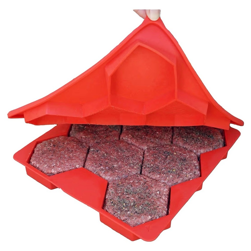 Red Silicone Burger Press and freezer container